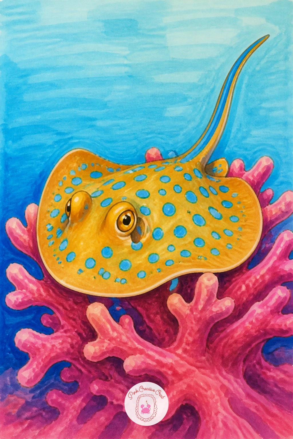 Blue Spotted Ray On Coral — Settle a blue spotted ray on coral for a piece with real color contrast built in. Stingray drawing