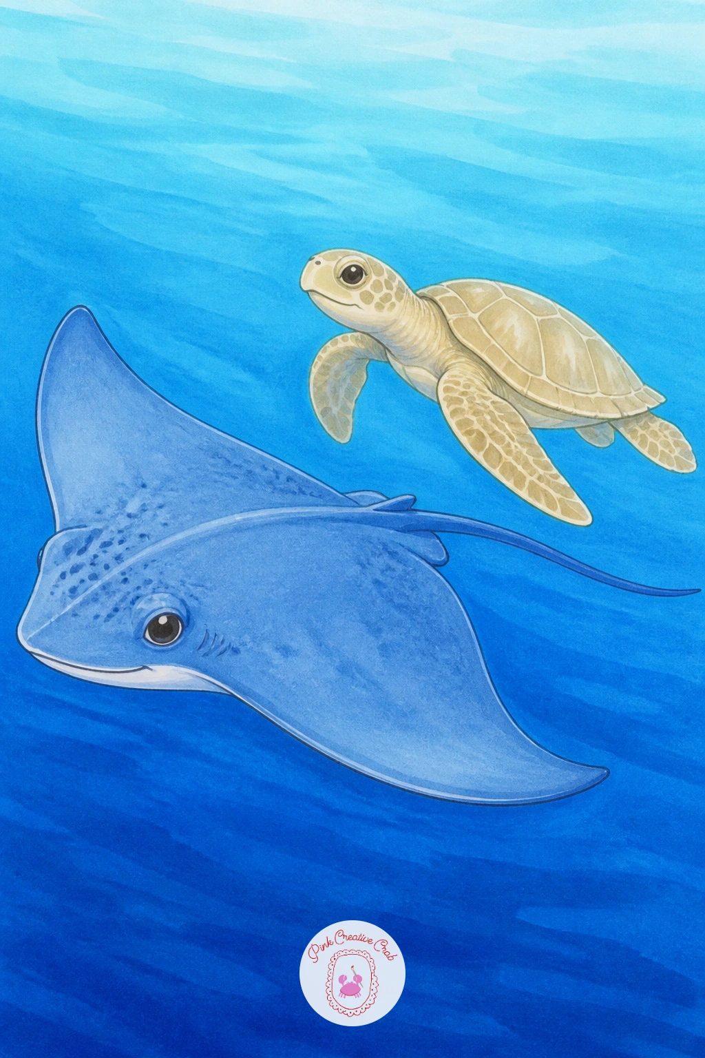 Stingray With A Turtle — Pair two gentle swimmers with a stingray with a turtle, gliding together across the page at slightly different depths. Stingray drawing