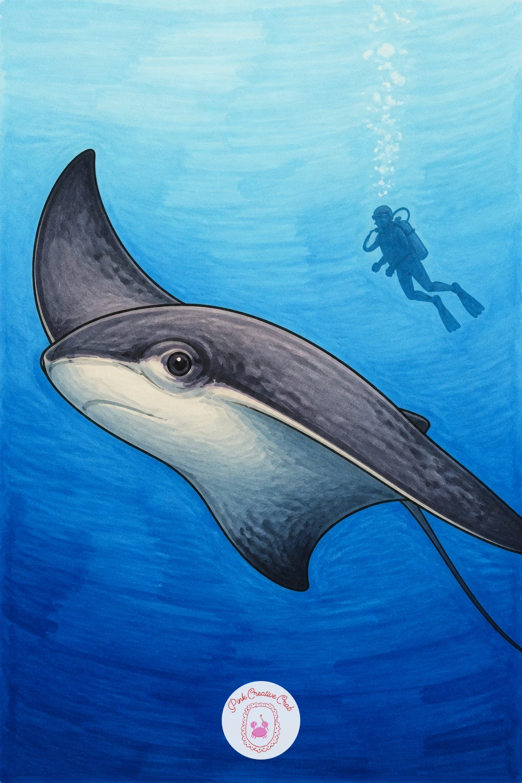 Stingray Swimming Past A Diver — Add a human element with a stingray swimming past a diver, a lovely piece for showing scale. Stingray drawing