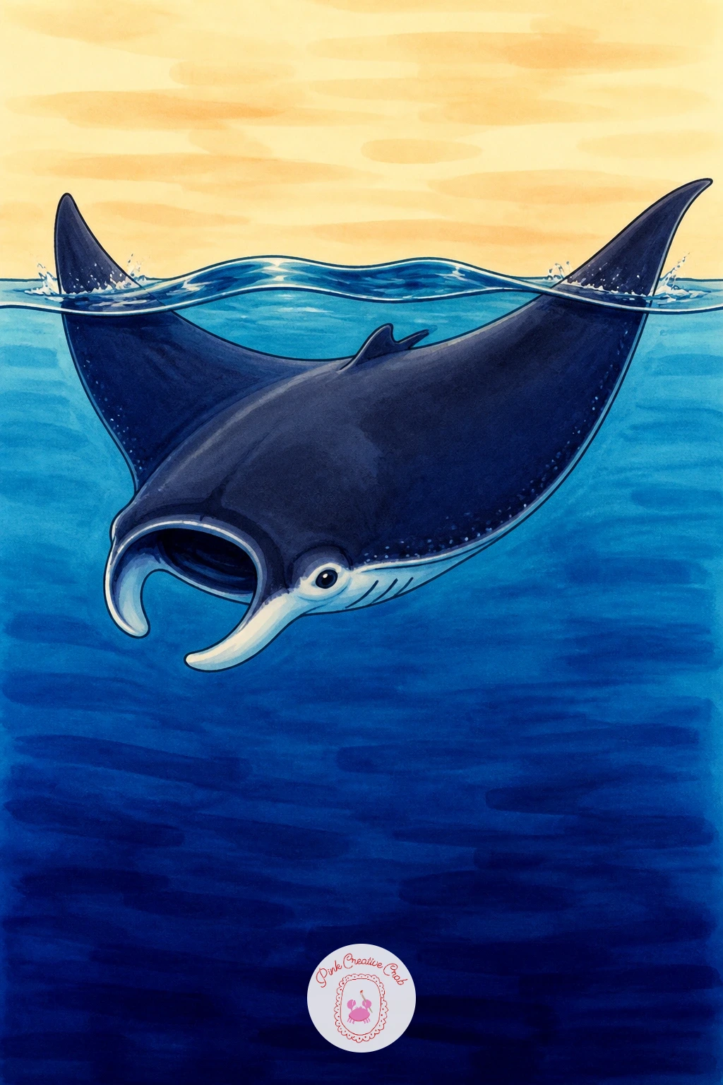 Manta At The Surface — Circle back to rays with a manta at the surface, this time seen from above breaking the waterline rather than gliding fully underwater.
