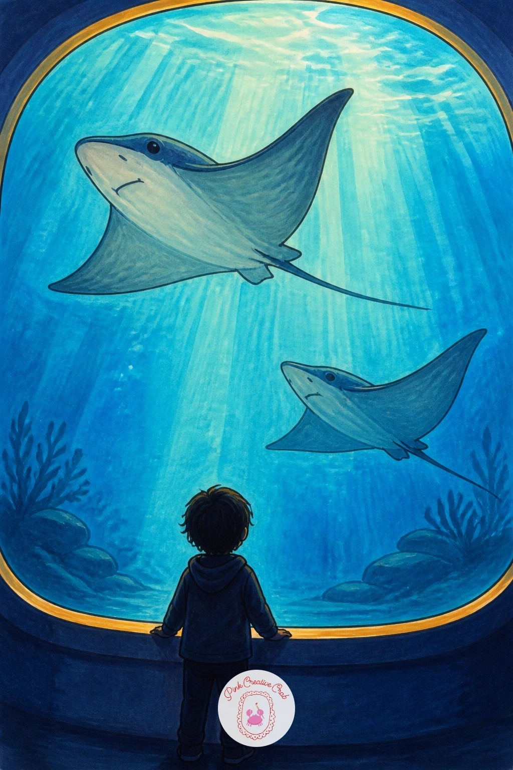Child Watching Rays At An Aquarium — Add a warm human moment with a child watching rays at an aquarium, framed through a large curved viewing window. Stingray