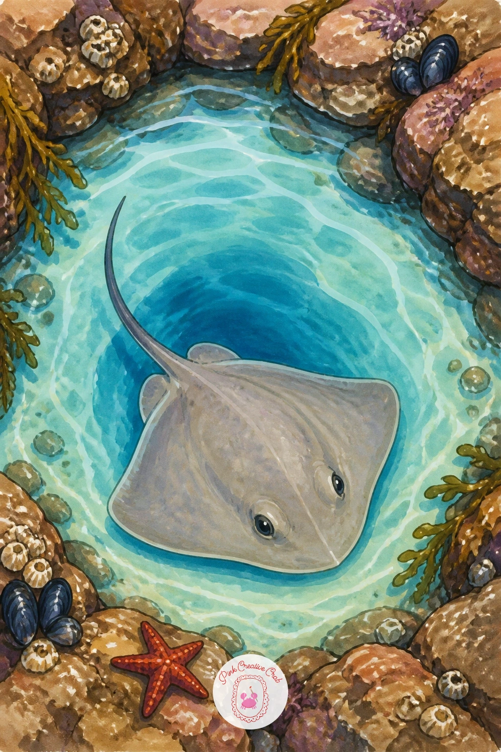 Stingray In A Tide Pool — Close the list with a stingray in a tide pool, a small, intimate scene rather than open ocean. Stingray drawing