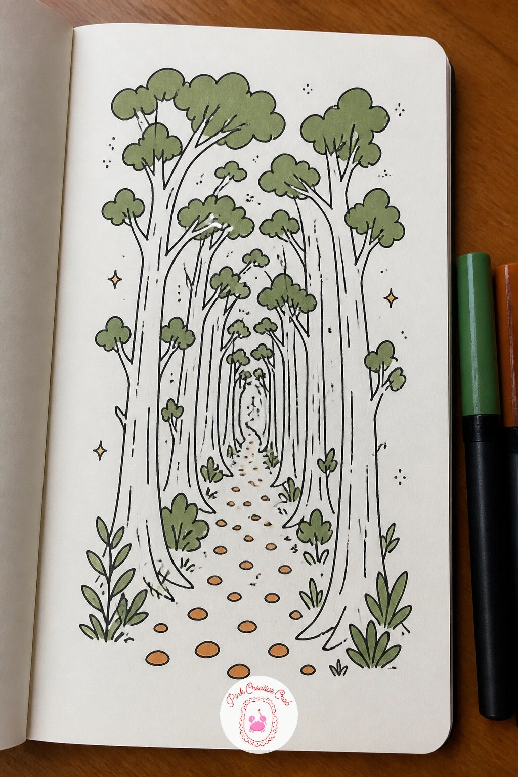 Path Through Tall Trees — Perspective is the whole trick here: a path through tall trees needs the trees on either side to shrink and the path lines to narrow
