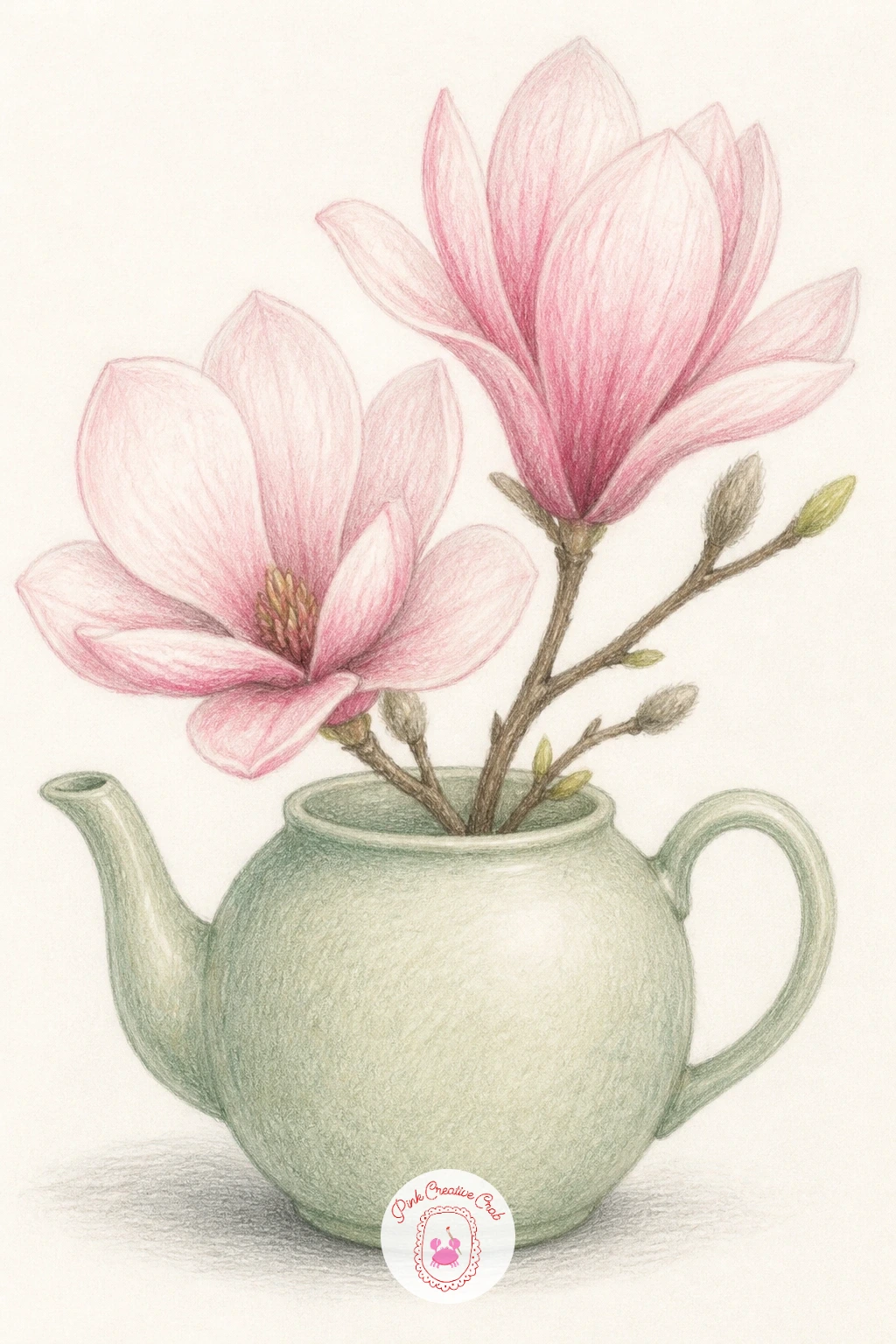 Magnolia in a Teapot — A teapot arrangement needs its container to feel solid before any flowers go in, so draw the teapot first as two linked ovals (body and