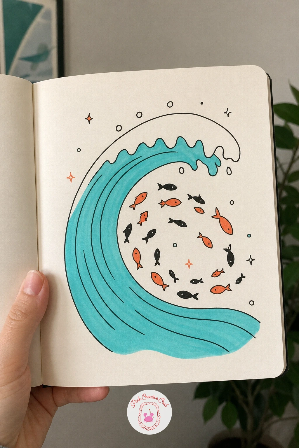 School Of Tiny Fish In A Wave — Scatter several tiny fish together inside one curved wave shape. Fish doodles