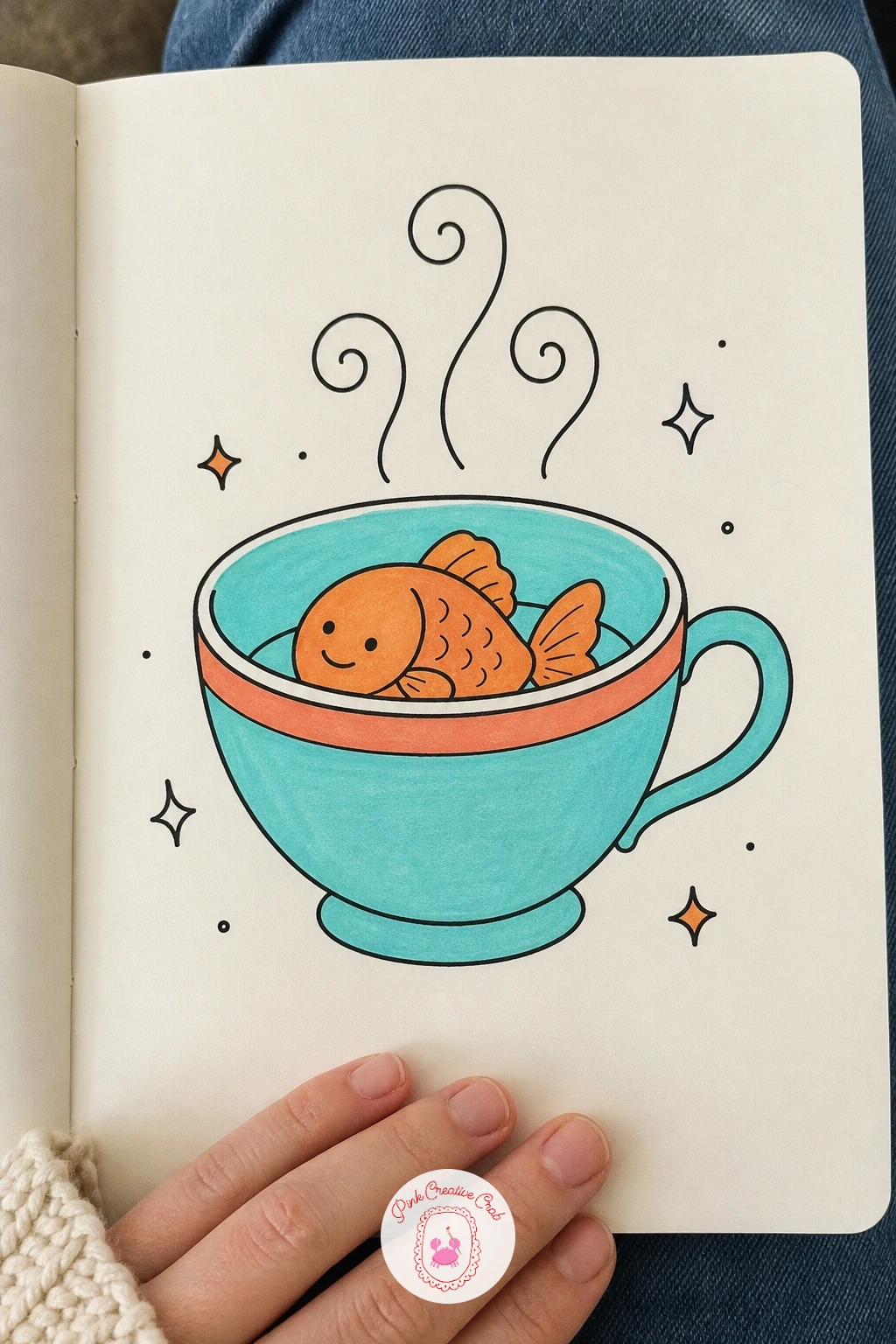 Fish In A Teacup — Trade the wave for something cozier: a single fish resting inside a teacup. Fish doodles