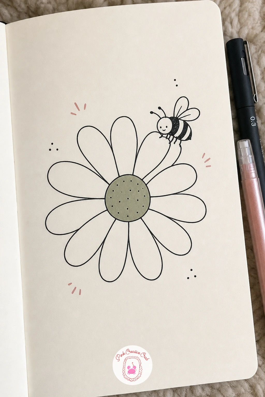 Daisy With A Landing Bee — Start with the flower everyone already knows how to find on paper: a daisy, because its shape forgives almost any wobble. Flower