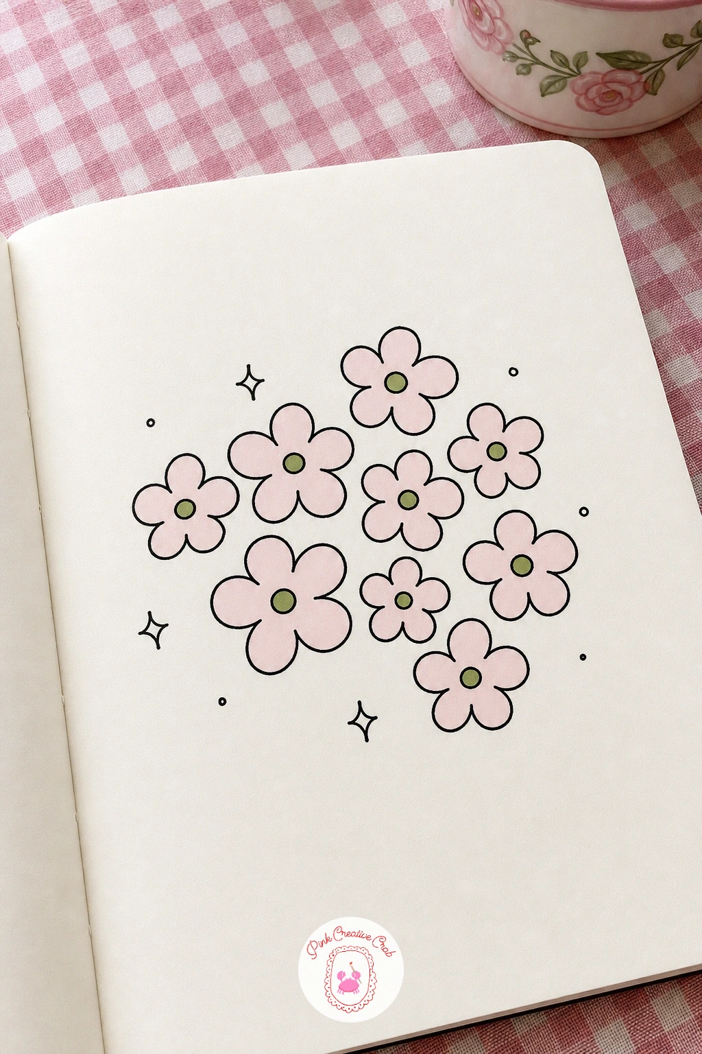 Forget-Me-Not Cluster — Shrink the scale again with a cluster of forget-me-nots, tiny five petal flowers that work best drawn as a loose group rather than one