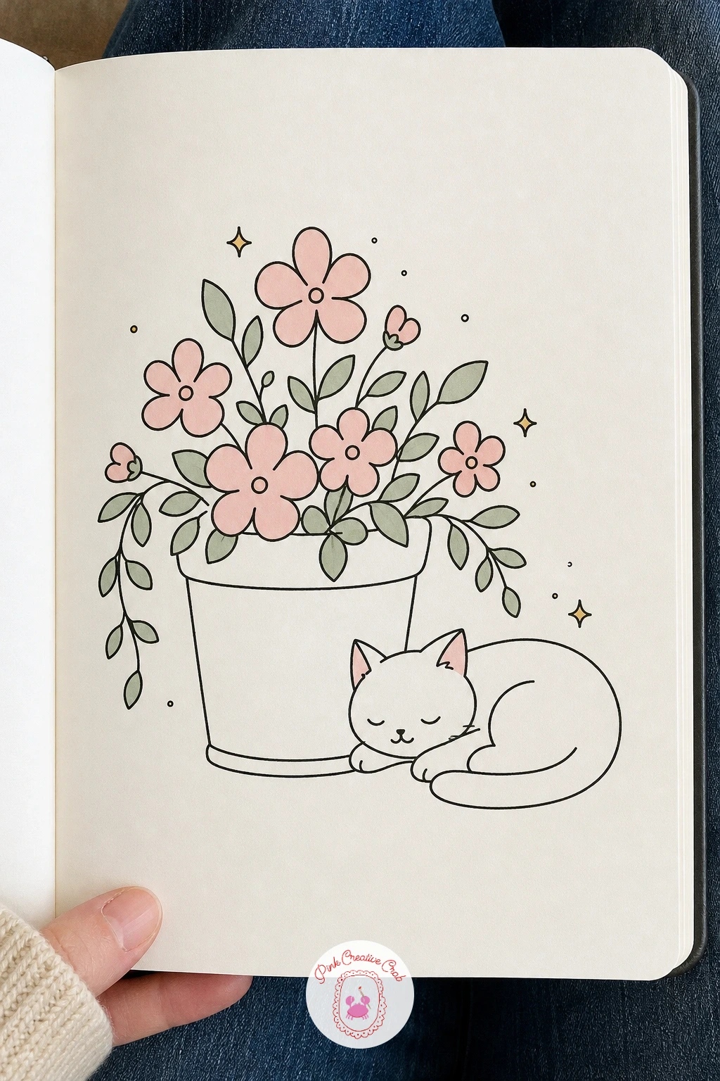 Flower Pot With A Sleeping Cat — Keep the whimsical pairing going with a cat curled up asleep inside or beside a flower pot, overflowing with small blooms