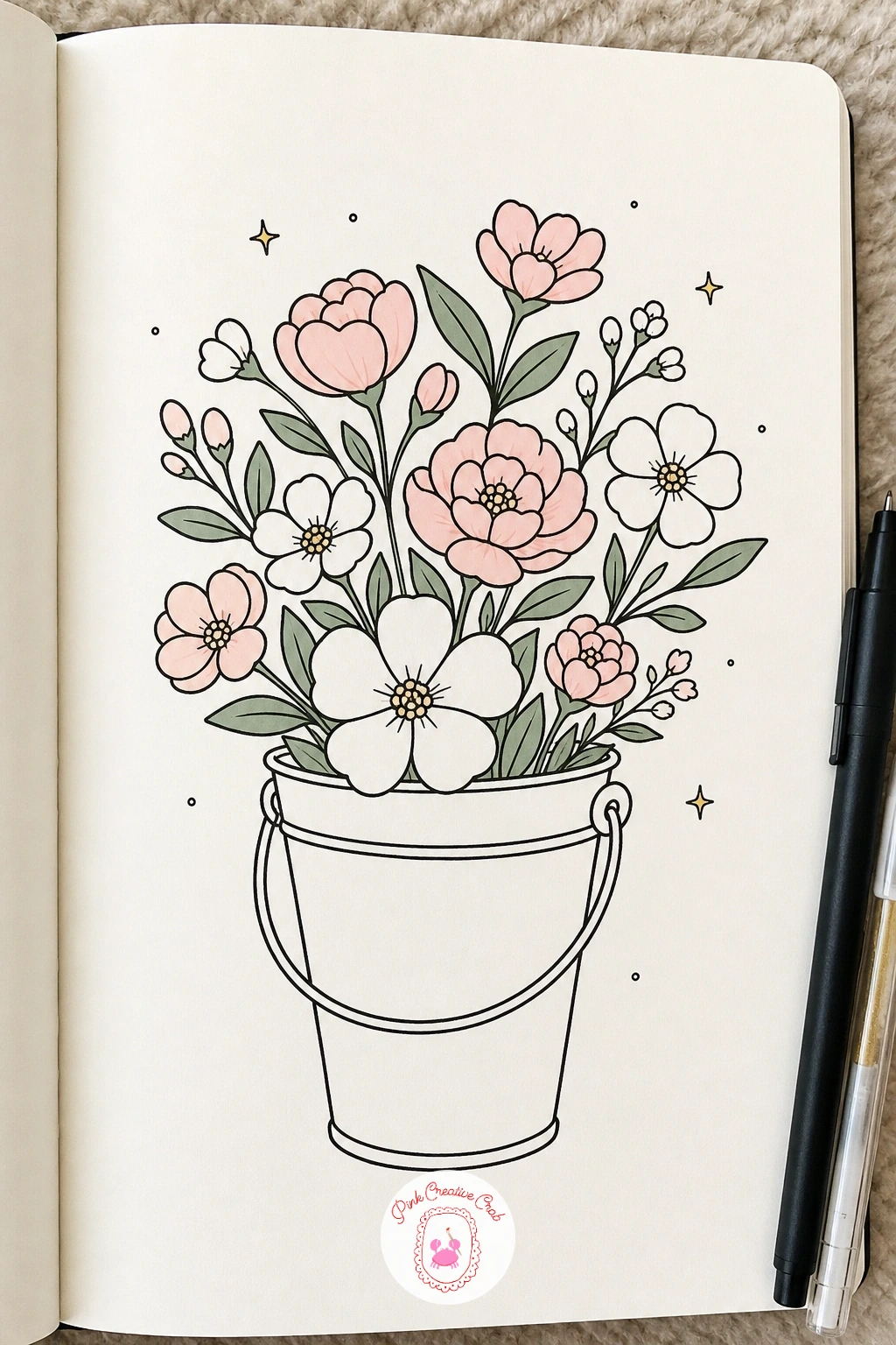 Flower Stall Bucket — Zoom out to a small scene: one metal bucket at a flower stall, packed with several different stems at once rather than one careful bloom.