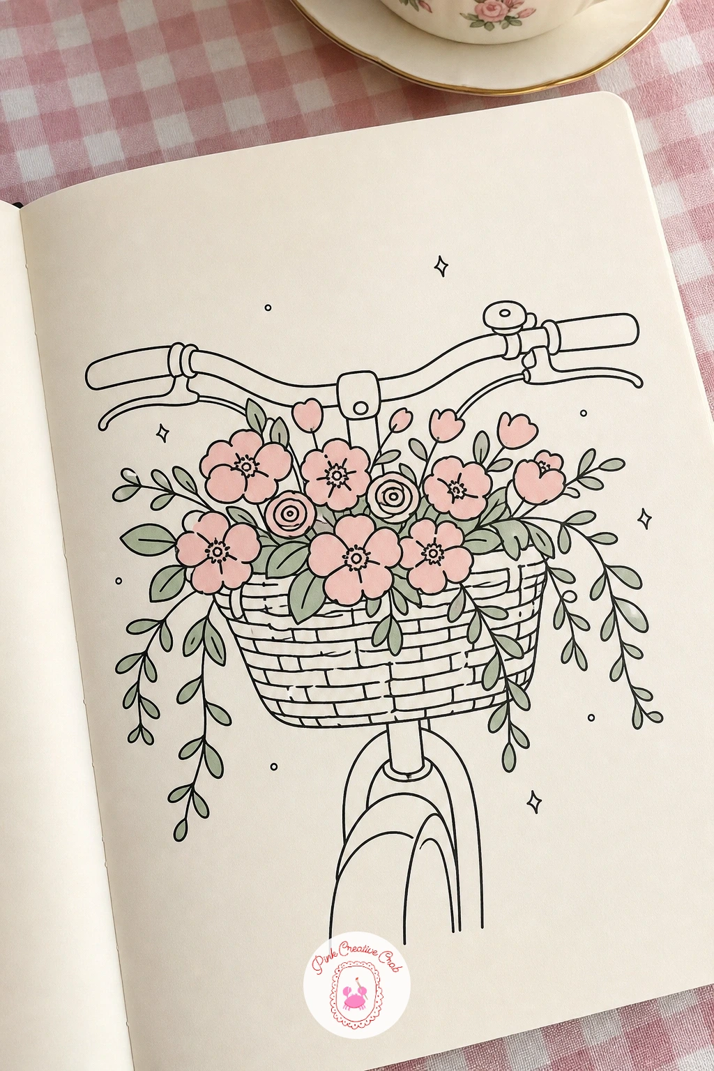Flower Bike Basket — Move that same overflowing bunch into motion: a bicycle's front basket spilling over with flowers, which needs just enough of the bike to