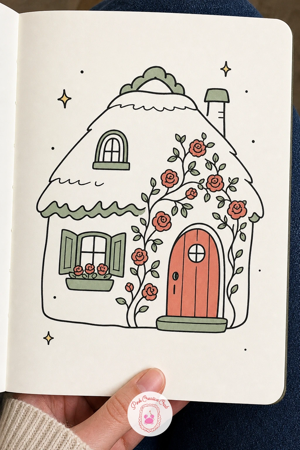Thatched Cottage With Roses — Start with the easiest roofline in the whole list: a soft, lumpy dome shape sitting on a square body, the kind of thatch that