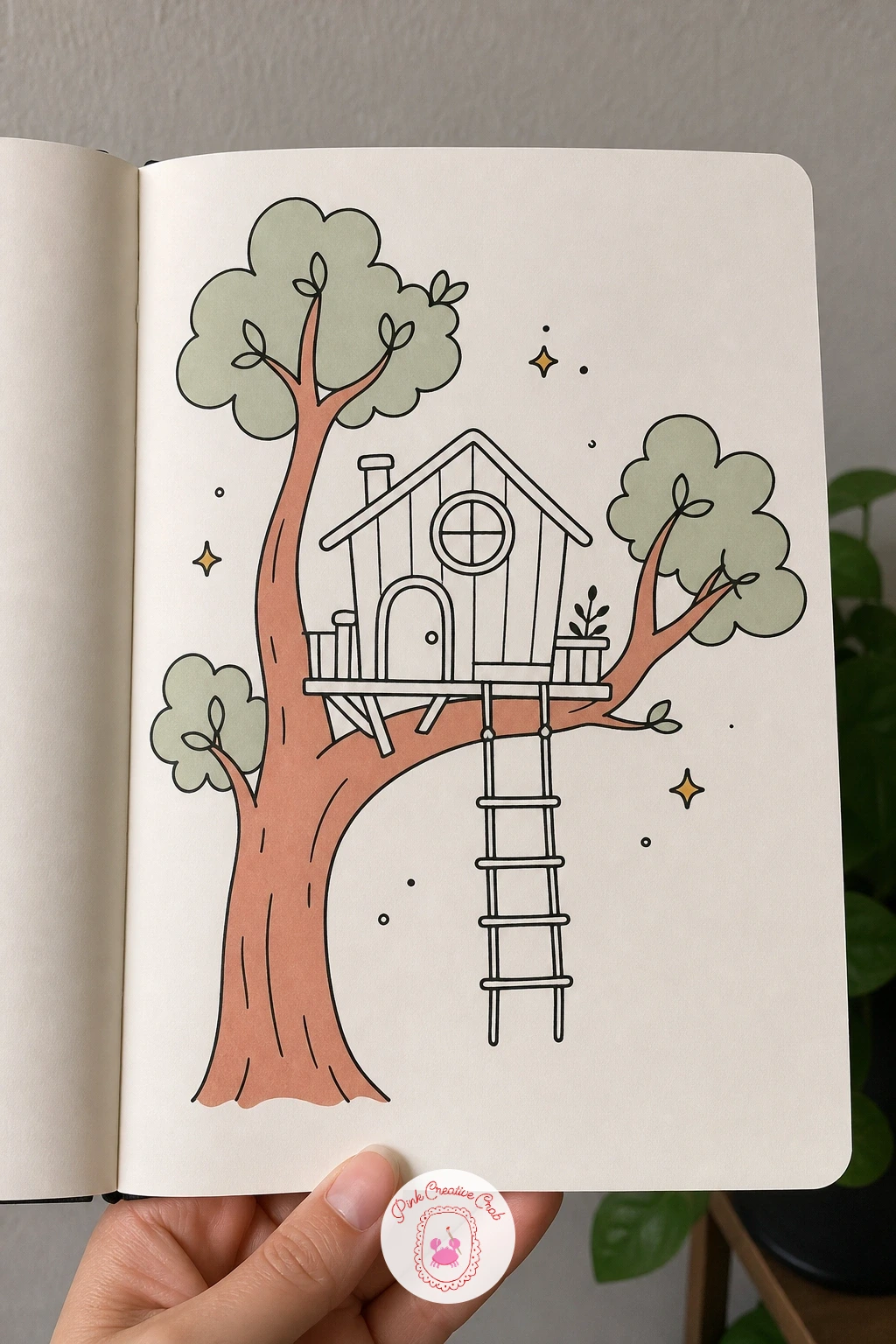 Treehouse With a Ladder — Move from street level up into the branches with a treehouse perched in a simple tree trunk. House doodles