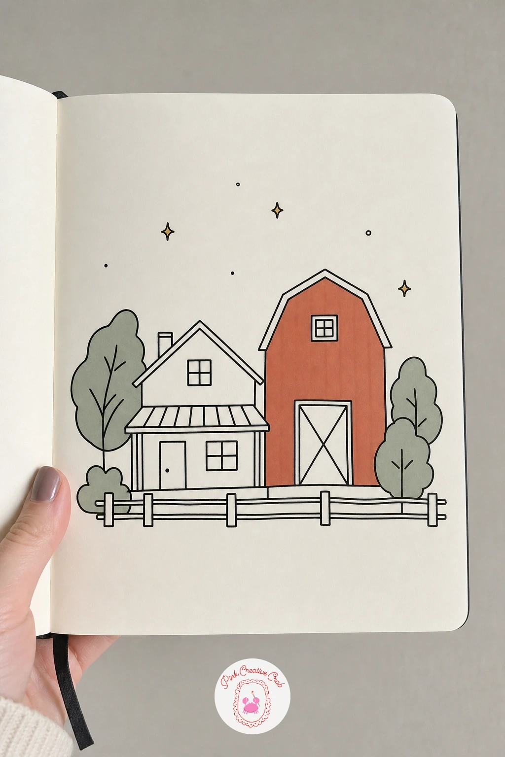 Farmhouse With a Red Barn — Widen the scene into a small farmhouse and barn standing together. House doodles
