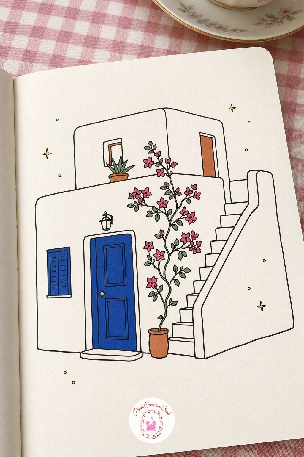 Greek White House With a Blue Door — Move to a flat-roofed cube house for a complete change of shape after all the peaked roofs. House doodles