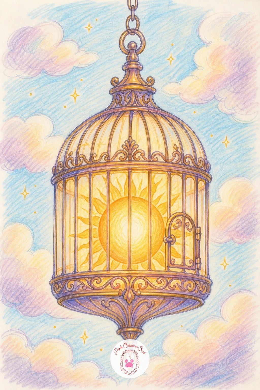 Sun in a Birdcage — Trade the balloon's lift for something held gently in place: a small ornate birdcage with a glowing sun captured inside it instead of a