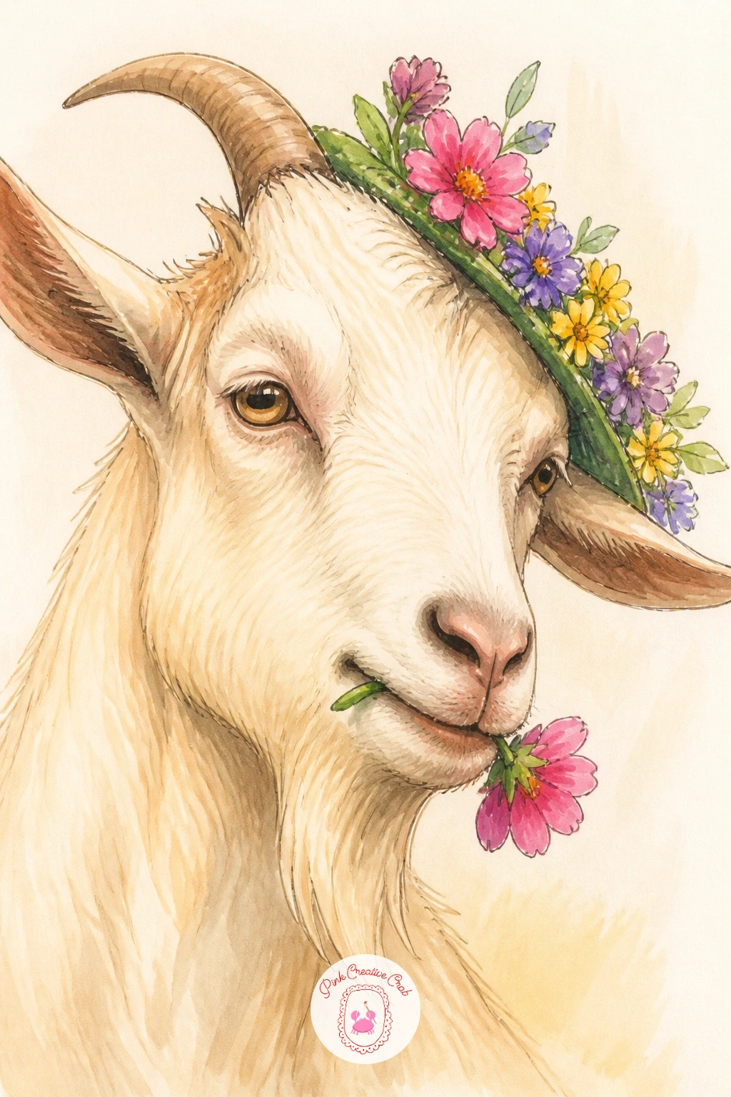 Goat Eating a Flower Crown — This goat drawing turns a sweet accessory into a punchline