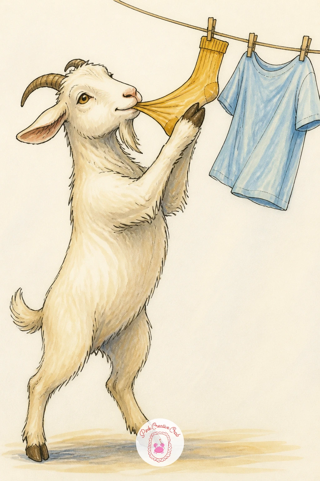 Goat Stealing Laundry From the Line — Nothing says farmyard trouble like a goat drawing caught red-handed with someone's socks