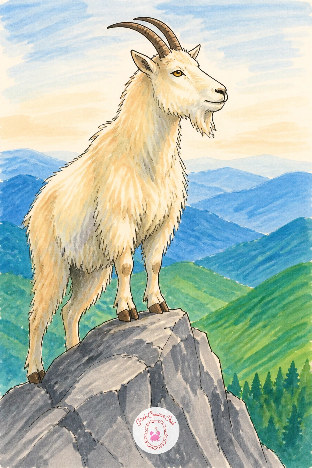 Goat on a Rock With a View — Give this goat drawing some quiet drama by putting it up on a rocky outcrop looking out over a valley
