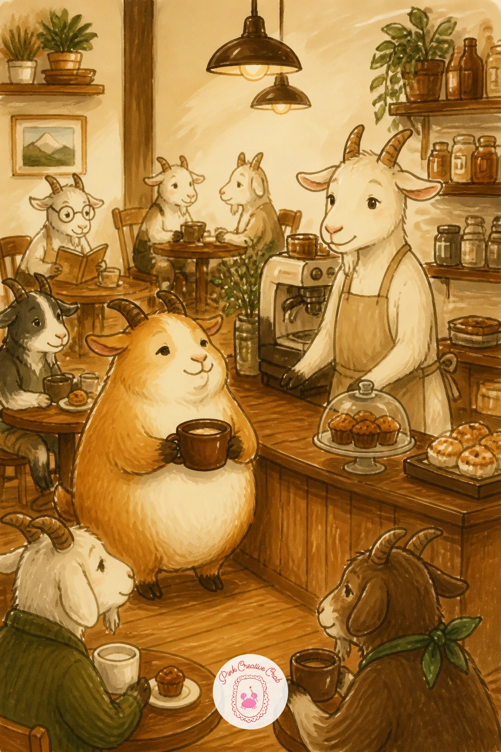 Goat Cafe With Visitors — Scale this goat drawing up into a small scene by giving the goat its own cafe counter with a couple of visitors stopping by
