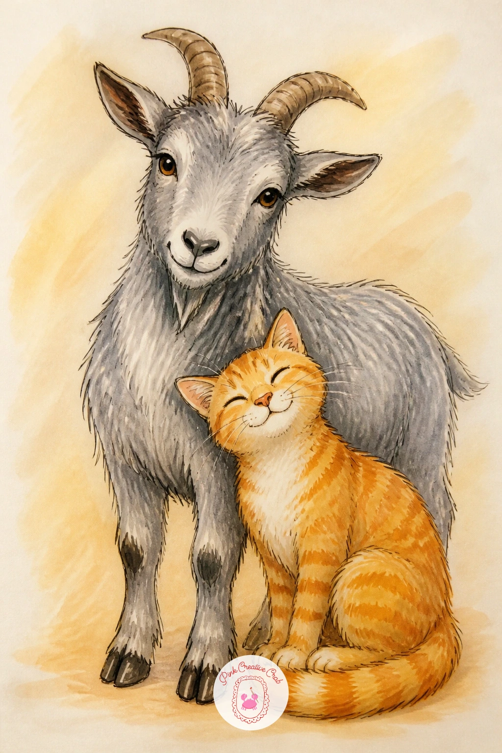 Goat and a Cat Friends — Pair this goat drawing with an unlikely friend by sitting a cat right beside it, maybe curled against the goat's front leg or perched
