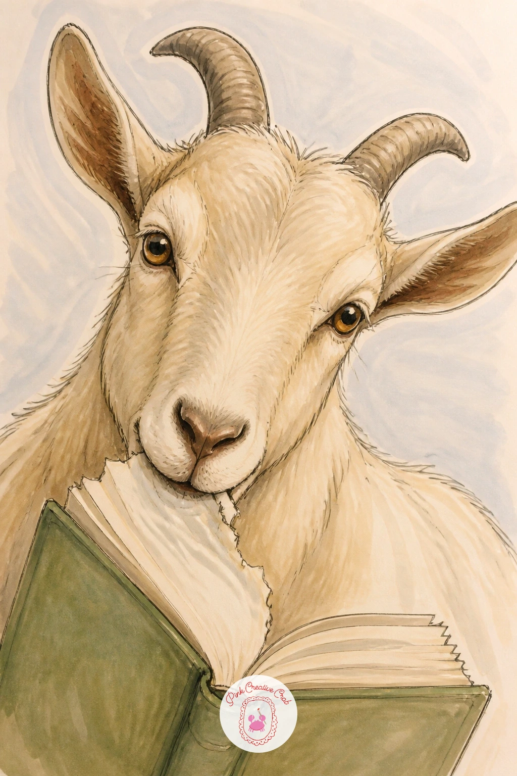 Goat Chewing a Book — Let this goat drawing poke fun at the phrase goats eat everything by giving it an open book halfway devoured