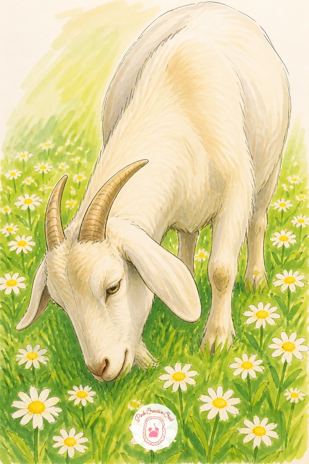 Goat in a Field of Daisies — This goat drawing leans into a sweeter mood by setting the animal among a field of simple daisies