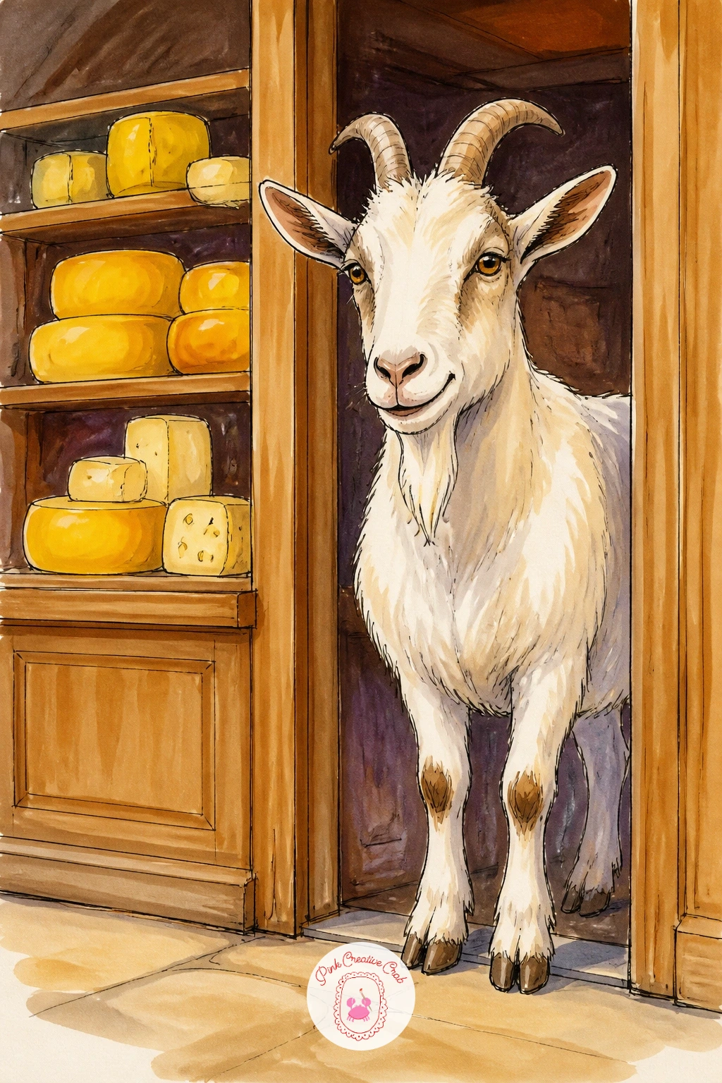 Cheese Shop With a Goat at the Door — This one writes its own joke: a goat standing right at the door of a shop selling its own cheese. Goat drawing