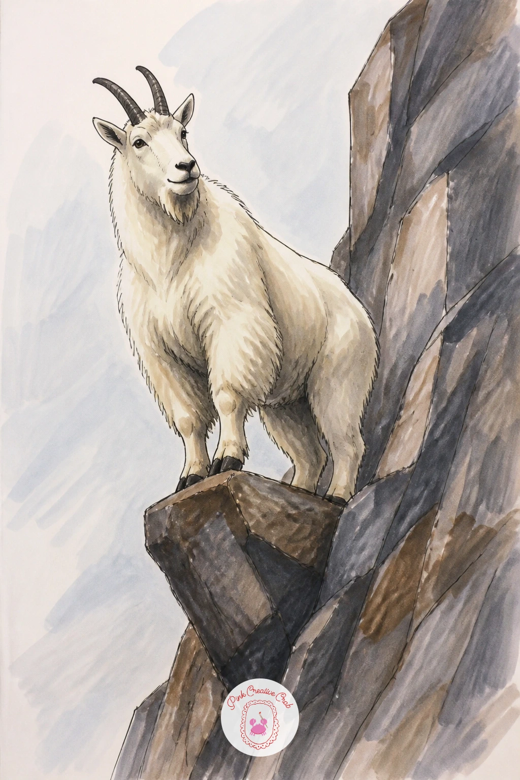 Mountain Goat on a Cliff — Give this goat drawing a wilder edge by placing it on a steep rocky cliff face rather than a gentle farmyard setting