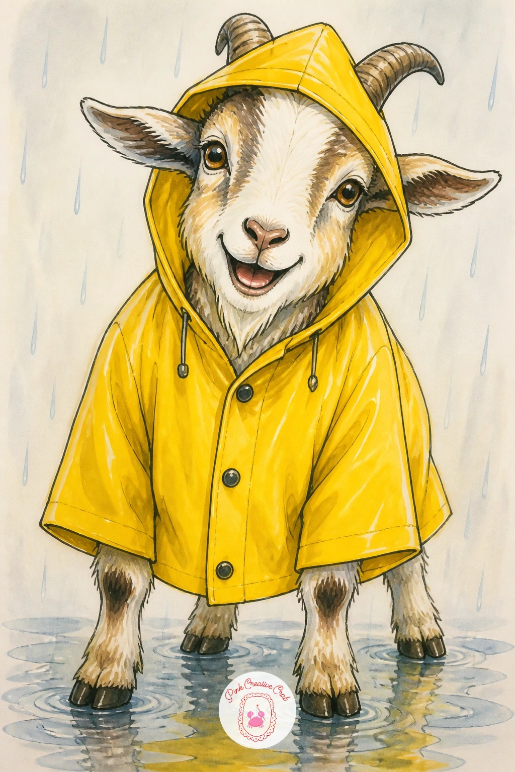 Goat in a Rain Coat — Rainy days make for a fun costume moment in this goat drawing