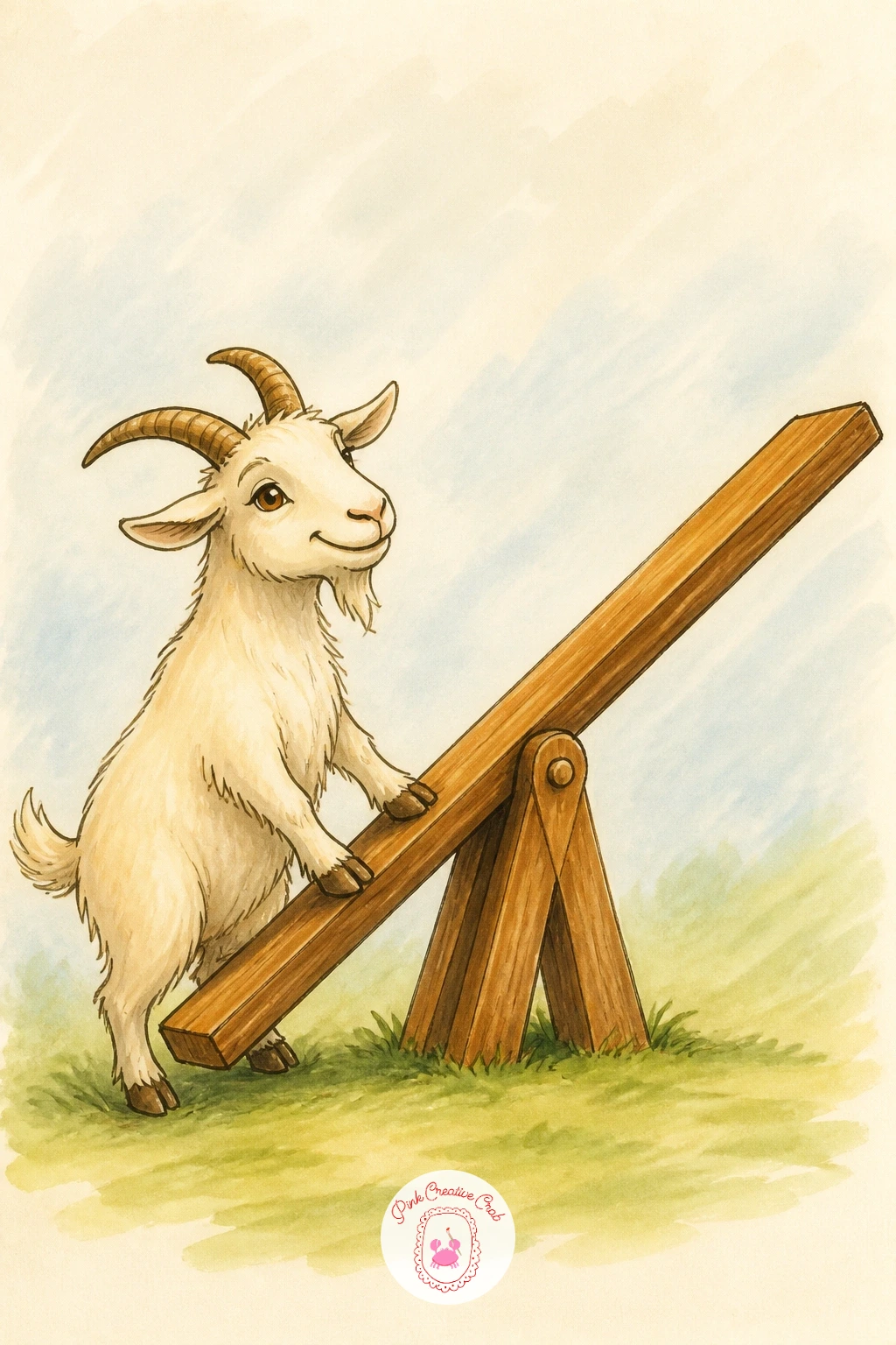 Goat on a Seesaw — This goat drawing captures a classic playground gag by balancing a goat on one end of a seesaw with nothing on the other side