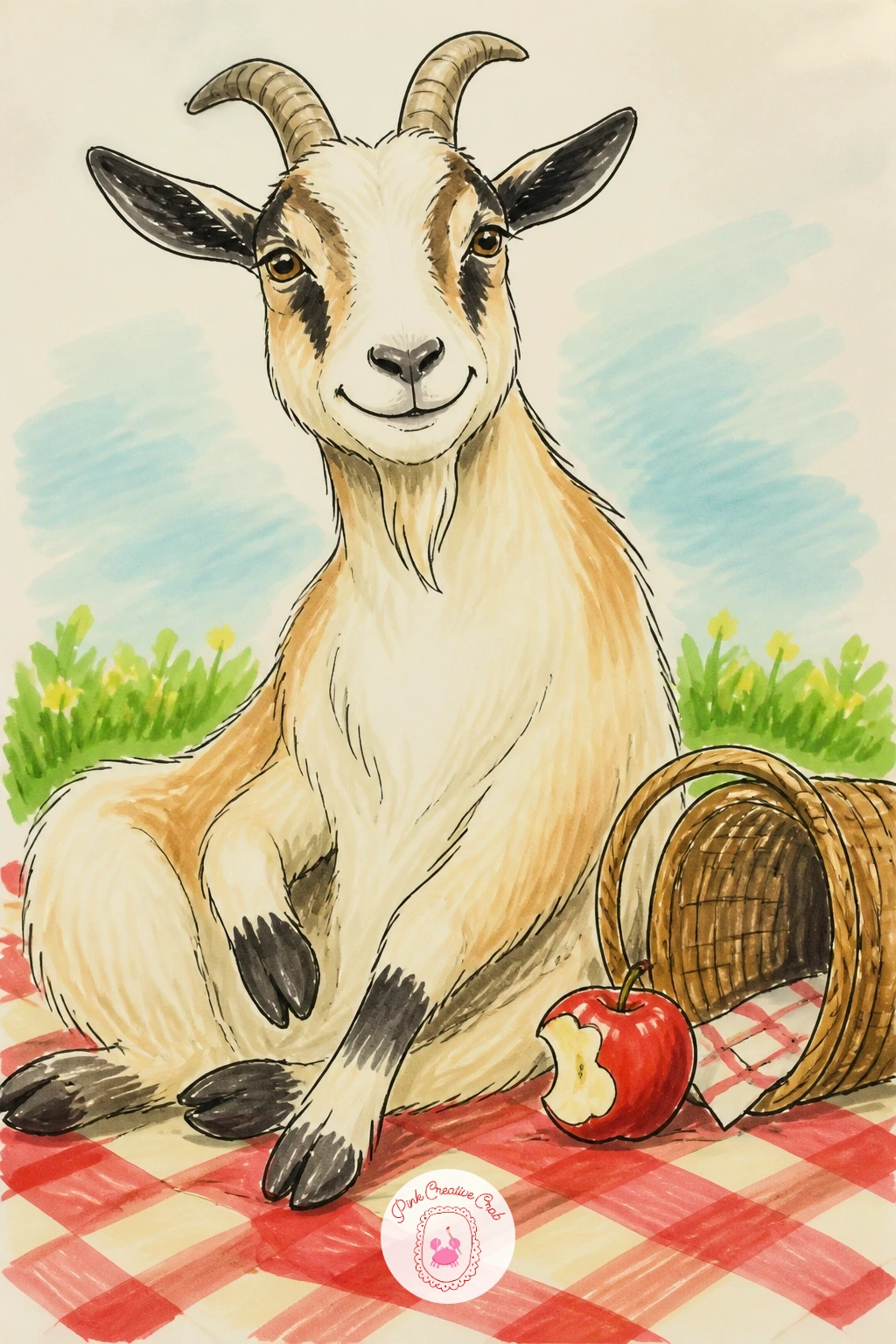 Goat at a Picnic — Set this goat drawing down at a checkered picnic blanket, mid-snack on something it probably shouldn't be eating