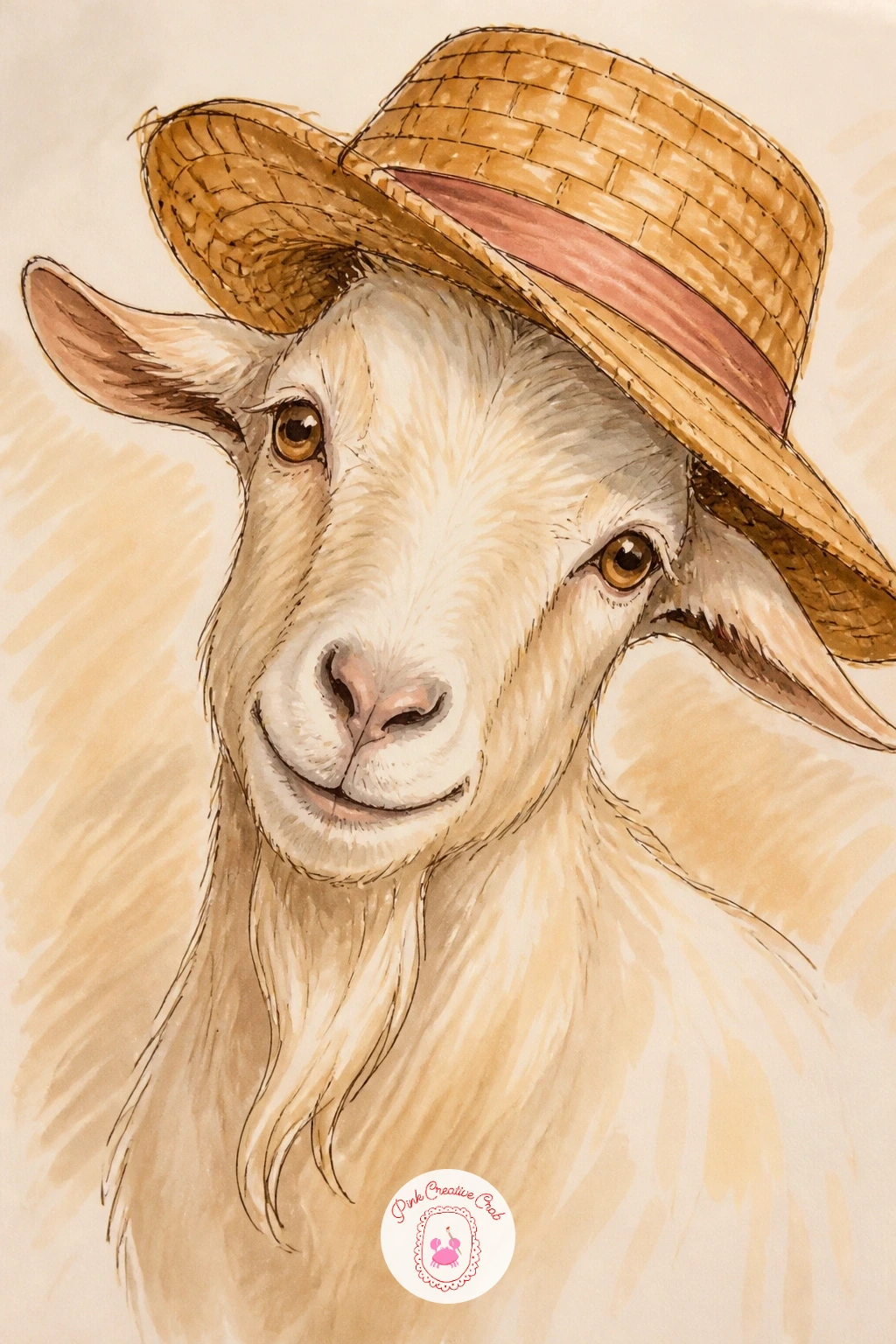 Goat in a Straw Hat — A wide straw hat gives this goat drawing an easy, country charm