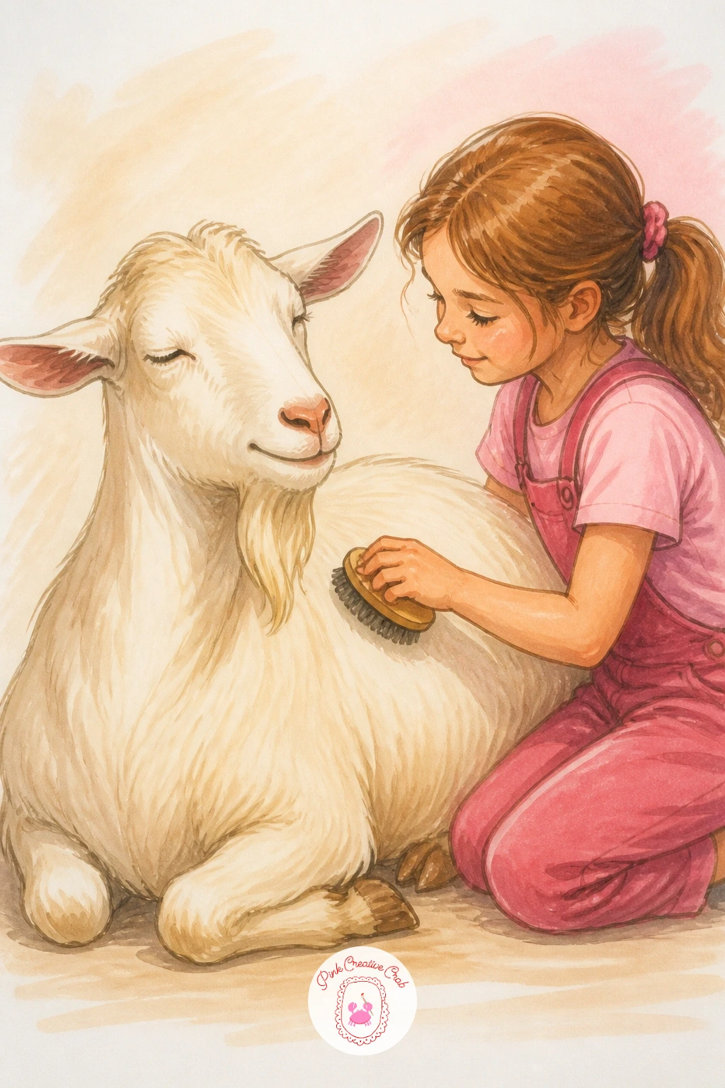 Goat Getting Brushed by a Girl — Add a gentle human touch to this goat drawing by showing a girl brushing the goat's coat