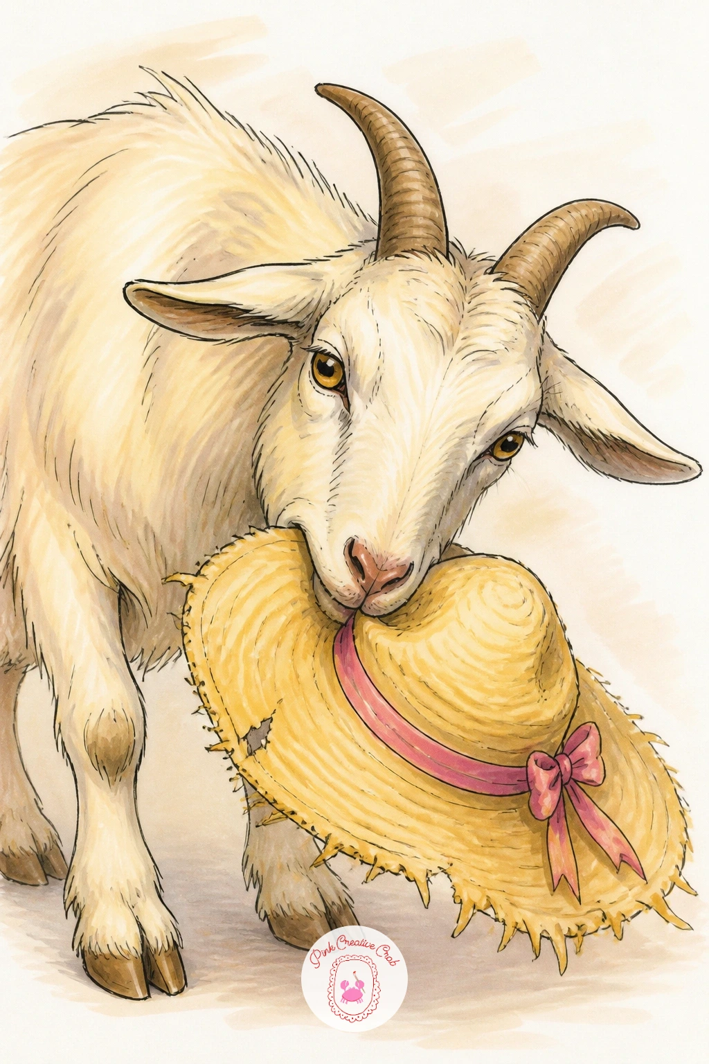 Goat Chewing a Sun Hat — Swap the straw hat theme around for a bit of mischief: this goat drawing has already got the sun hat in its mouth instead of on its
