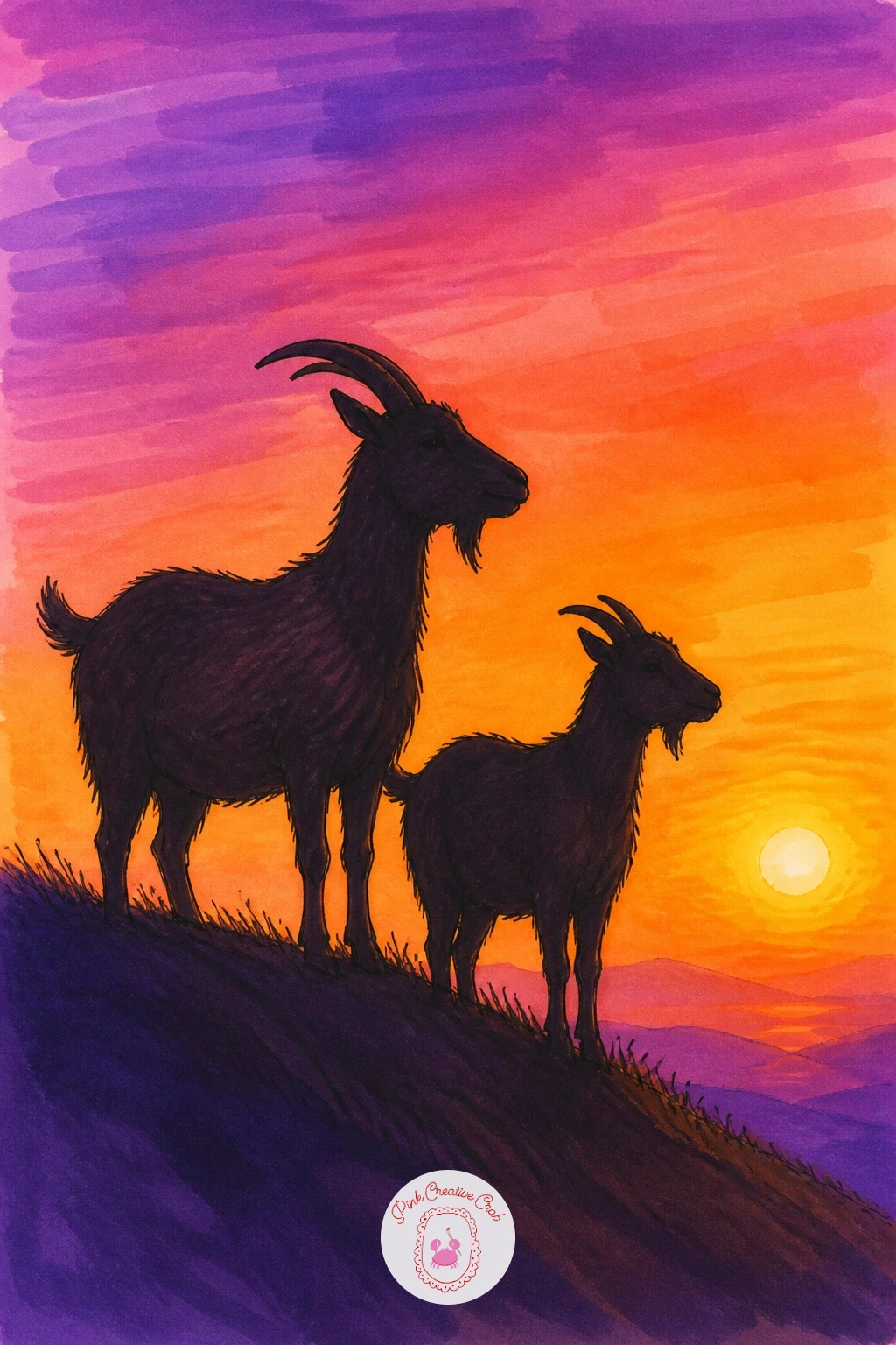 Goats at Sunset — Shift this goat drawing toward a quieter mood by silhouetting a couple of goats against a glowing evening sky