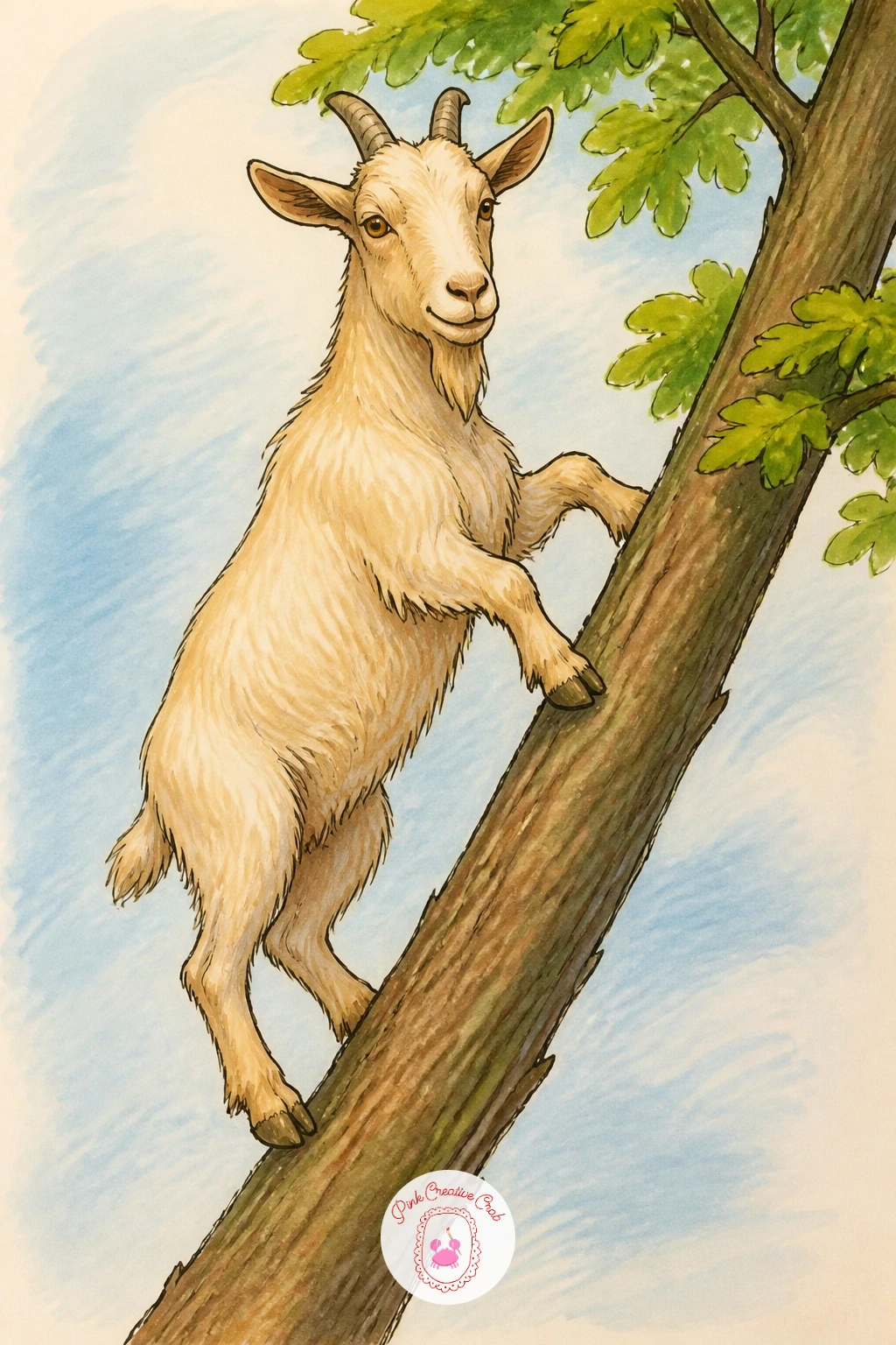 Goat Climbing a Tree — Goats really do climb trees, and this goat drawing leans fully into that surprising fact