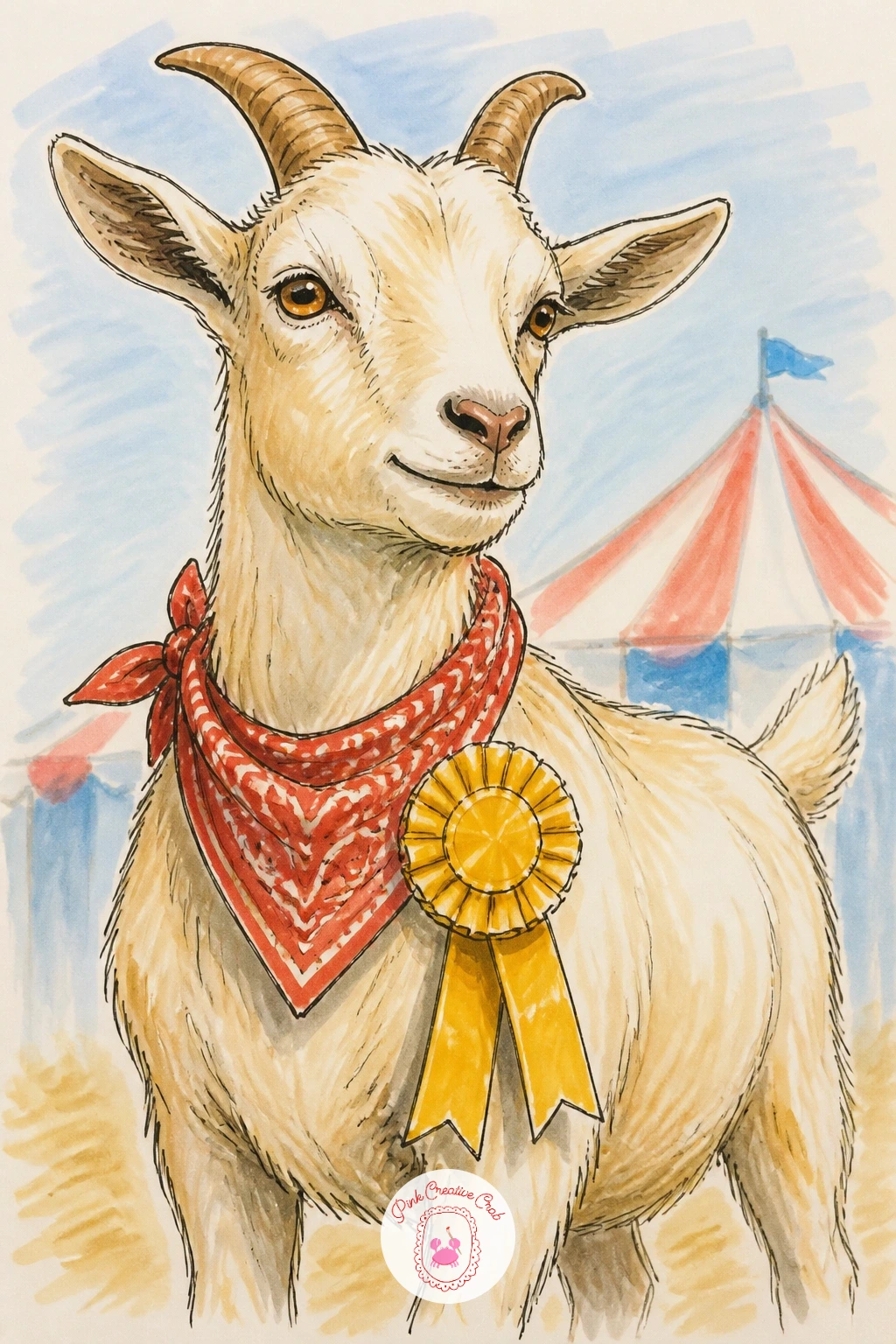Goat in a Bandana at a County Fair — Finish this goat drawing list with a proper show-ready goat, bandana tied around its neck and standing at a county fair