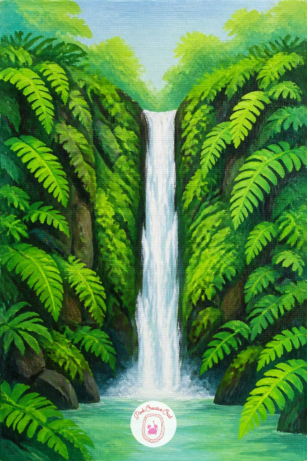 Waterfall in a Fern Forest — Start with the easiest version of a woodland falls: a narrow white ribbon of water dropping through two walls of green. Waterfall