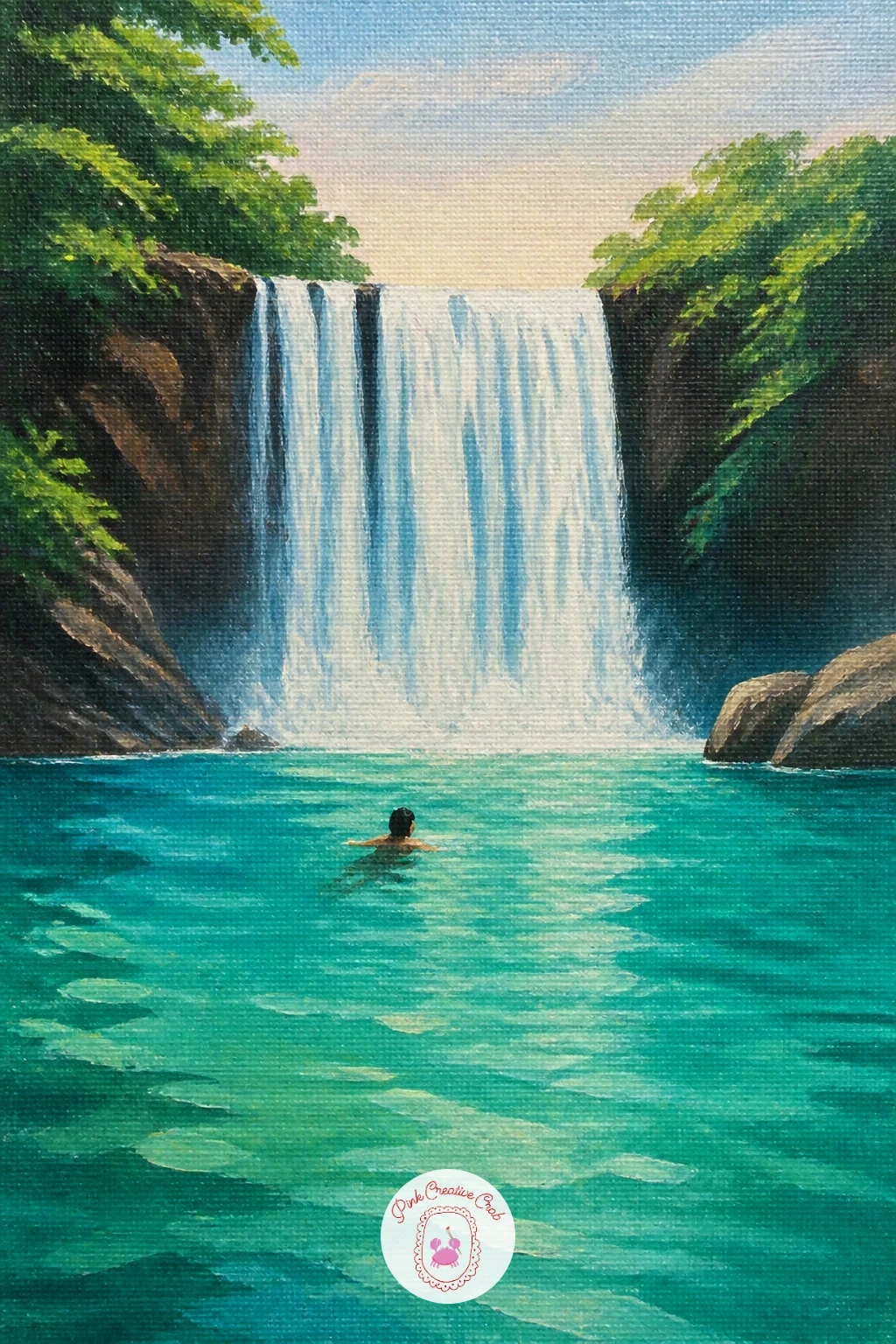 Waterfall Pool With a Swimmer — Give your fern forest a companion piece with a pool built for a swimmer. Waterfall painting