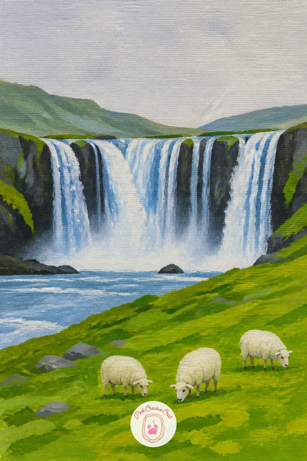 Icelandic Waterfall With Sheep — Move from jungle greens to open, cool tundra for this one. Waterfall painting