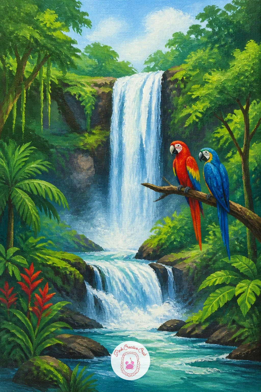 Jungle Waterfall With Parrots — Bring in warmth and color after Iceland's cool palette with a jungle scene built around two bright parrots. Waterfall painting