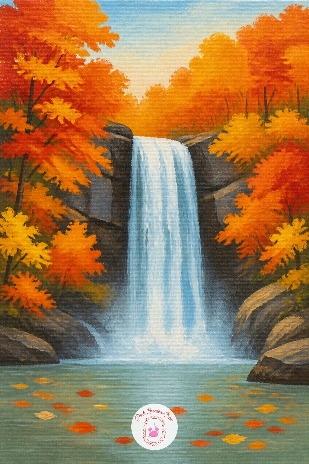 Waterfall in Autumn Colors — Swap jungle green for a full autumn palette and let the forty-minute version earn its extra time. Waterfall painting