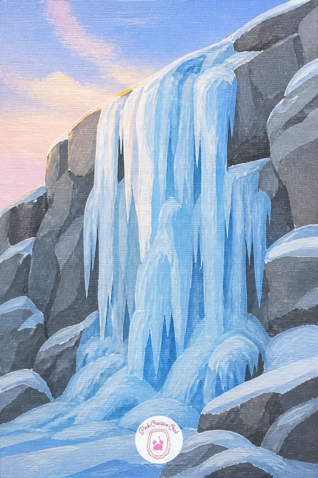 Frozen Waterfall — Trade flowing water for stillness and let light carry the whole scene. Waterfall painting