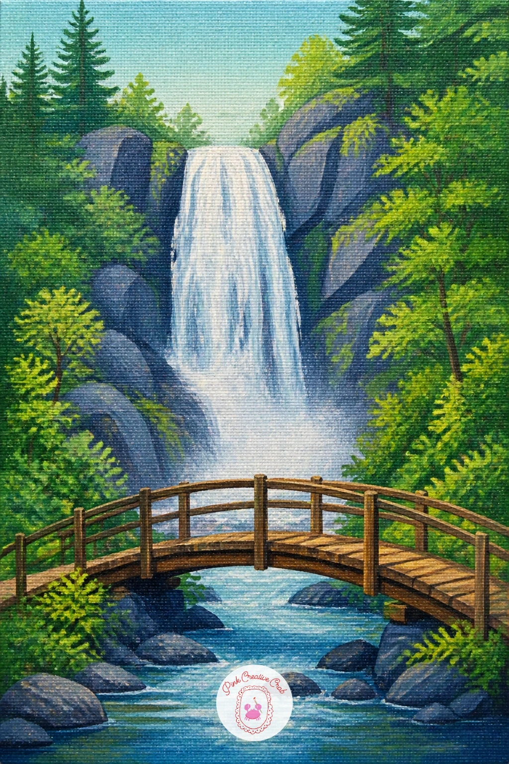 Waterfall With a Wooden Bridge — Compare the bridge to the fall before you paint a single plank: it should sit at roughly a third of the canvas height and well