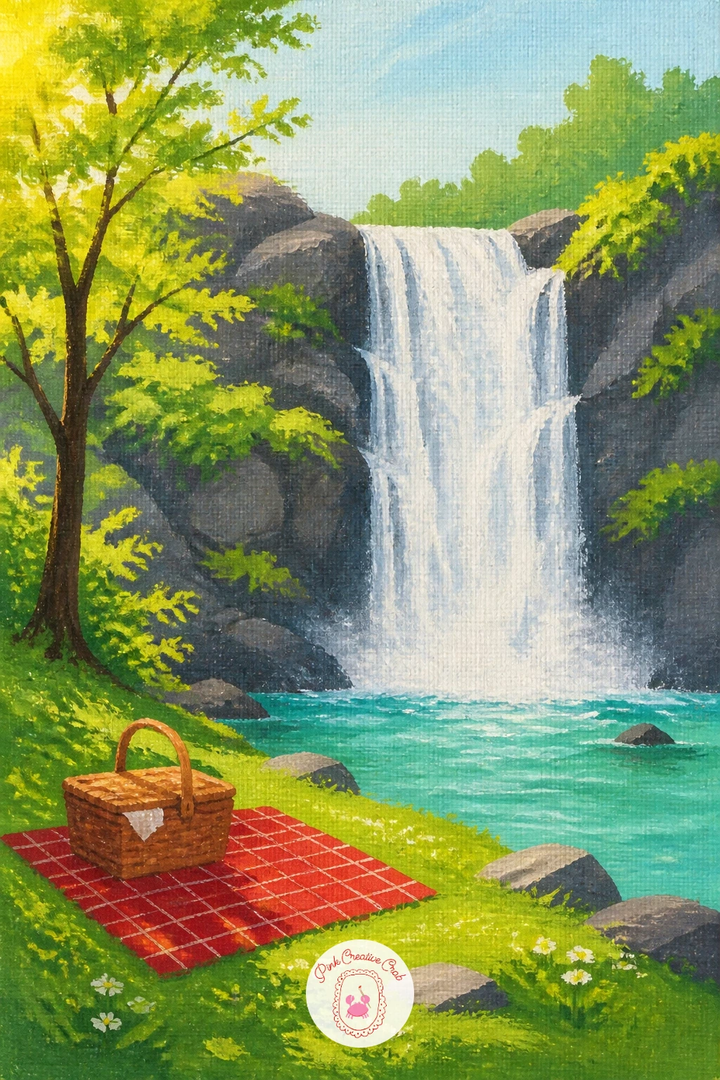 Picnic by a Waterfall — Give the waterfall a quiet foreground story with a small picnic set on the bank. Waterfall painting