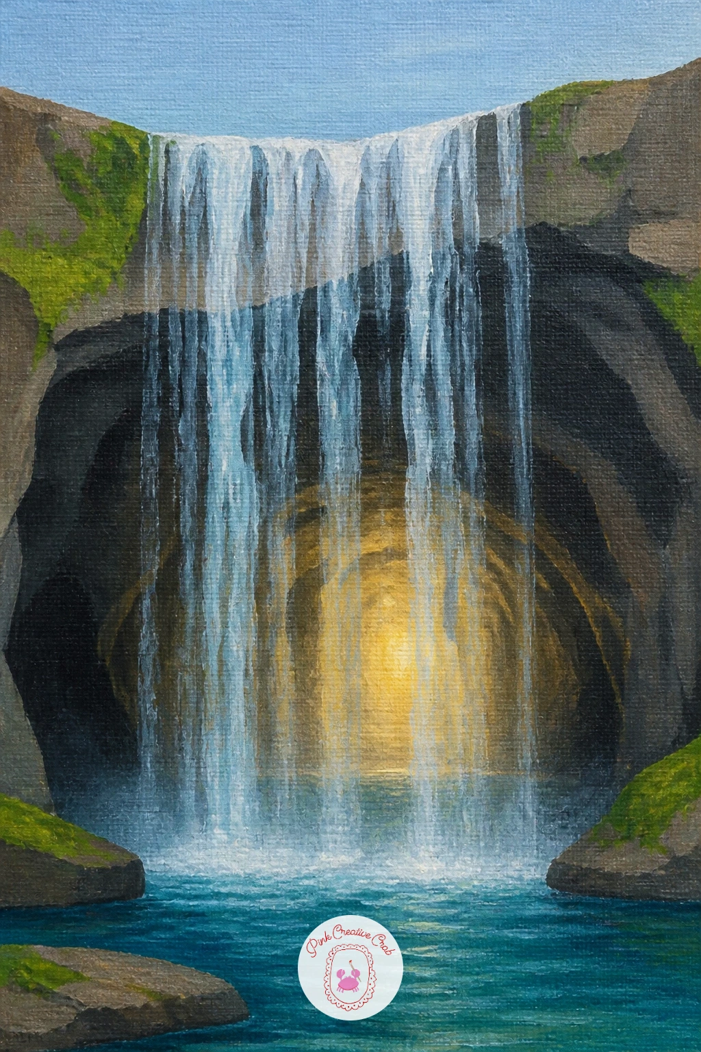 Waterfall Cave — Shift the whole mood inward for a cave scene lit from behind the water. Waterfall painting