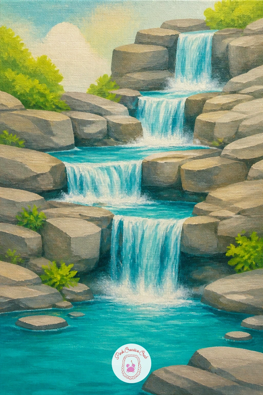 Cascading Terraces — Build this one in stacked horizontal bands rather than one tall drop. Waterfall painting