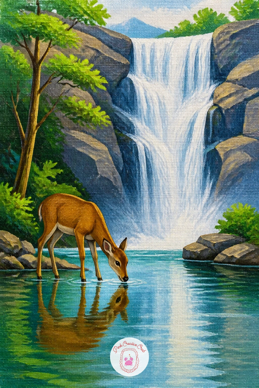 Waterfall With Deer Drinking — Place the deer before you paint the surrounding forest, since its position decides where the eye settles first. Waterfall