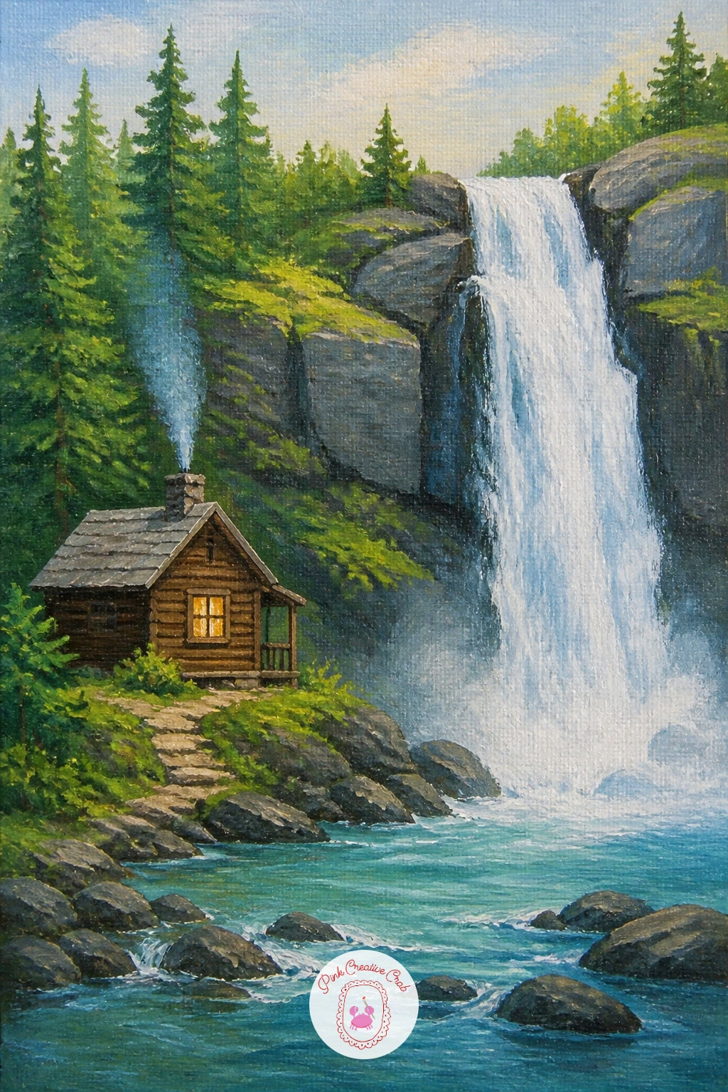 Waterfall Beside a Cabin — Bring in a small structure for scale and story. Waterfall painting